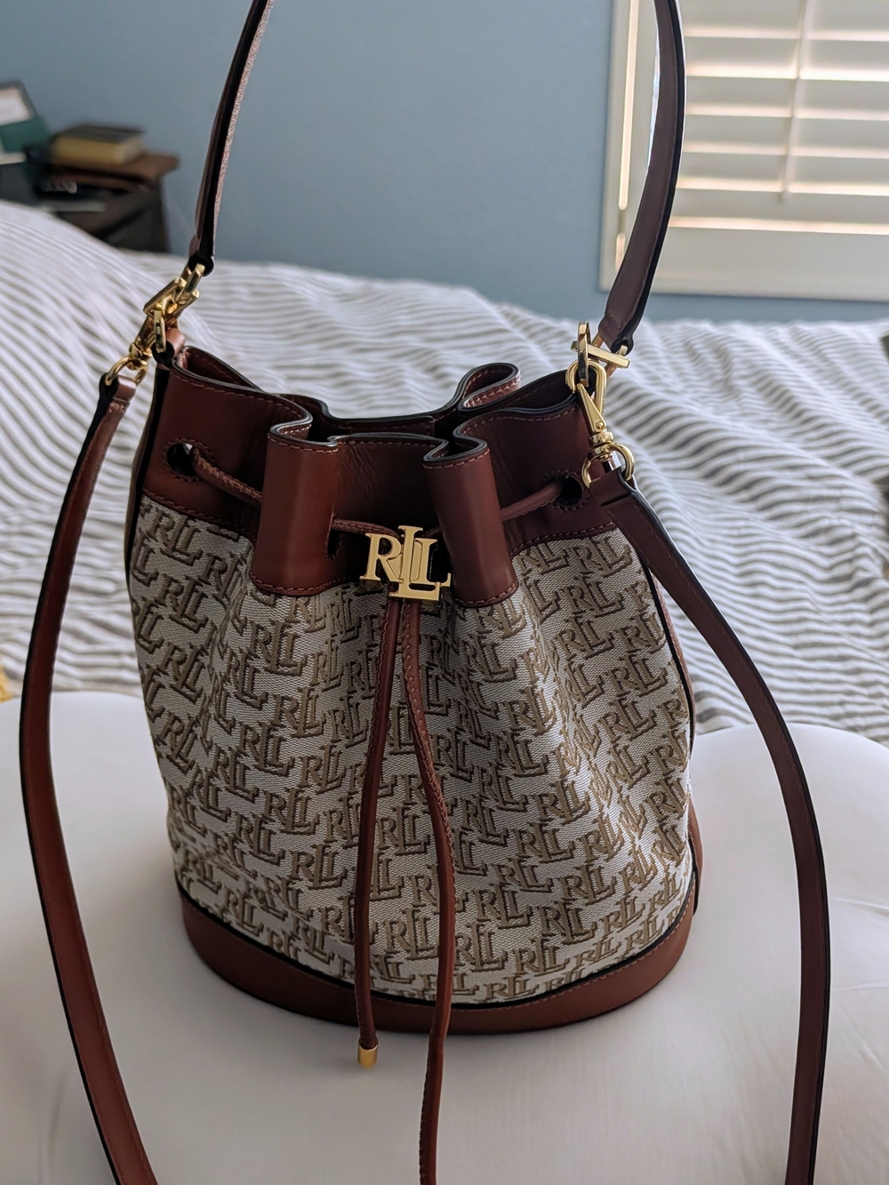 Ralph Lauren Brown & Cream Monogram Drawstring Bucket Crossbody